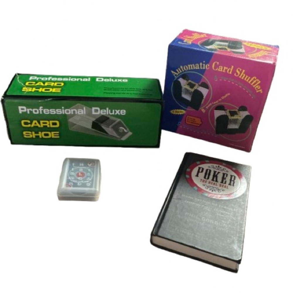 4 Piece Poker Lot -Poker Book, Cards, Automatic Card Shuffler, Card Shoe